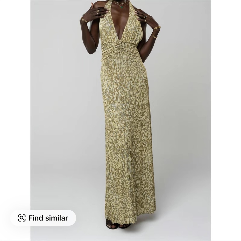 Deep V Halter Maxi Dress in soft green print